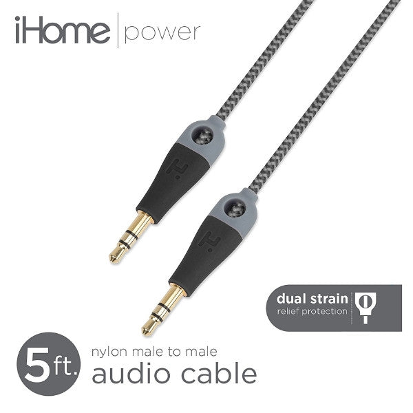 iHome 5 ft. Double Injected Nylon Audio Cable with Enhanced Strain Relief - 3.5mm Male-Male - Black, Audio Cables & Adapters, iHome - TiGuyCo Plus