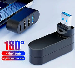 4-in-1 180° Rotating USB 3.0/2.0 Multi-Port Adapter with Type-C Port for PC and Laptop Expansion - Black