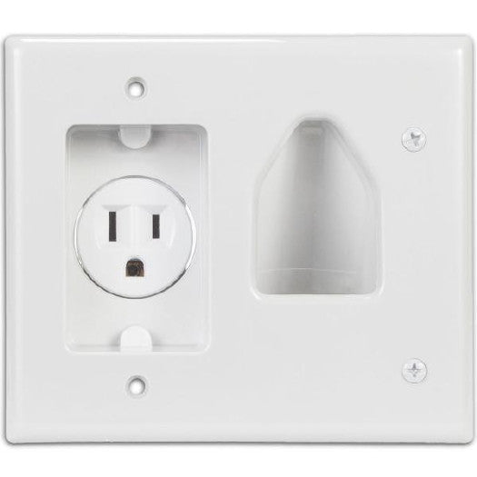 1-Gang Recessed Low Voltage Cable Plate with Recessed Power - White, Wallplates, Data Comm - TiGuyCo Plus