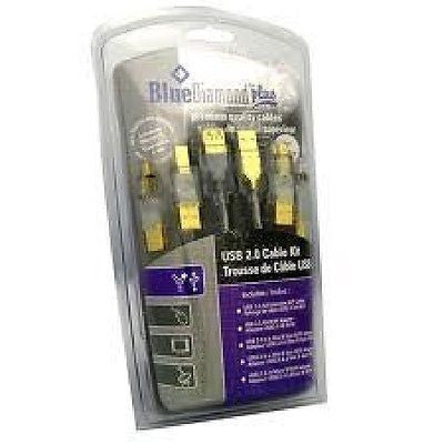 BlueDiamond USB 2.0 Cable Kit w/ 4 Adapters 6ft, Clear, USB Cables, Hubs & Adapters, n/a - TiGuyCo Plus