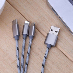 1m - 3-in-1 Nylon Braided USB to Type C, Lightning and MicroUSB Charging and Data Sync Cable - Silver
