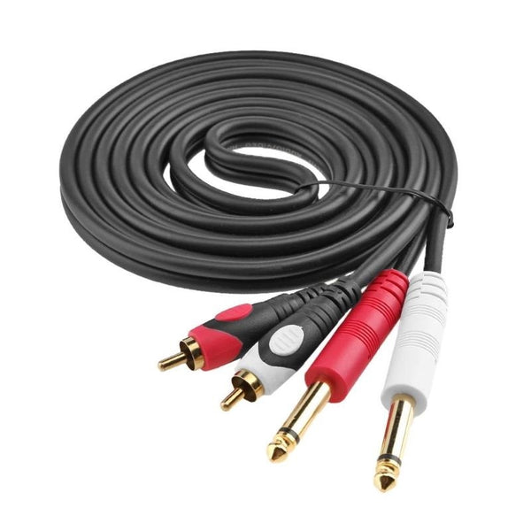9 ft. - Dual 6.35mm Male to Dual 2RCA Male Mono Audio Cable - AUX, DVD Mixer, Audio Connected Wire Male Jack, Digital Cord For Amplifier, Speakers, TV, etc - Black