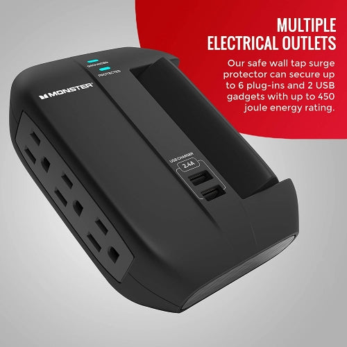 Monster Essentials Swivel Wall Tap Surge Protector - 6 AC - 2 USB-A - 1-Side Swivel Sockets - 1200 Joules -  Black